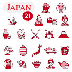 A set of icons in a red and white palette dedicated to life in Japan.