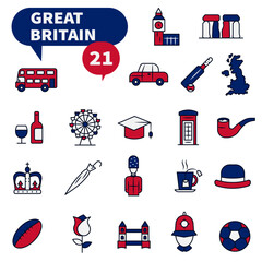 A set of icons in a blue and red palette dedicated to life in the United Kingdom.