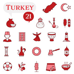 A set of icons in a red and white palette dedicated to life in Turkey.