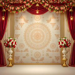 Luxury Indian Wedding Background with Golden Mandala and Floral Deco