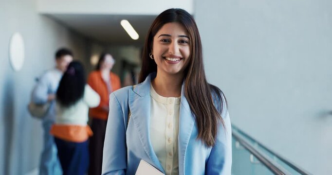 Happy woman, face and coordinator with management program for junior internship in workplace. Portrait, female person or supervisor with smile for career development or company growth in office