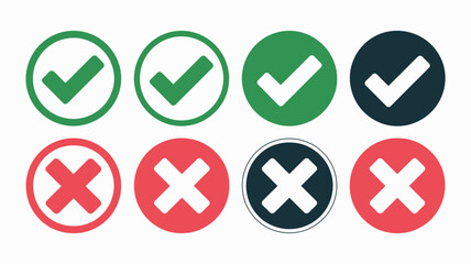 Set of green and red checkmarks and crosses in circles icons