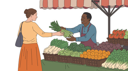 Woman buys fresh produce from a vendor at an outdoor market stall