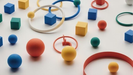 Abstract arrangement of colorful geometric shapes including cubes spheres and rings on a clean white surface.