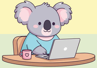 Cute Koala Remote Working on Laptop. Koala sitting at a desk.
