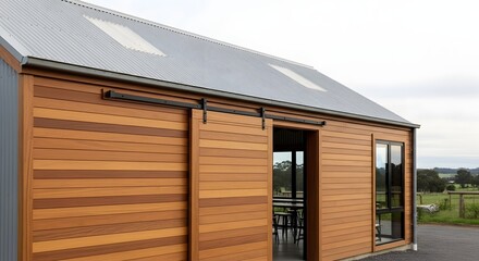 Rustic modern building exterior with wood cladding and a large sliding barn door