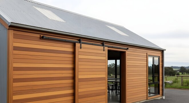 Rustic modern building exterior with wood cladding and a large sliding barn door