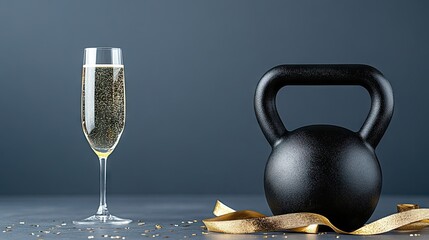 Fototapeta premium A black kettlebell sits on a matte surface with golden ribbons and confetti scattered around. A champagne glass lies next to it, embodying the festive spirit of New Year's Eve