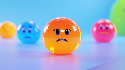 Colorful, glossy spheres with expressive faces, featuring sad expression, set against bright blue background. vibrant colors create playful