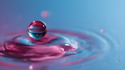 Blue background with glossy droplet and pink essence mid-air