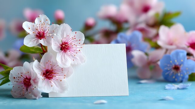 Delicate cherry blossoms with blank white card on blue background, perfect for spring celebrations, wedding invitations, or seasonal announcements.