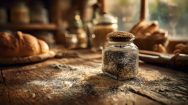 Small glass jar with spices on rustic wooden table in cozy bakery kitchen with fresh bread and baking ingredients in warm ambient light.