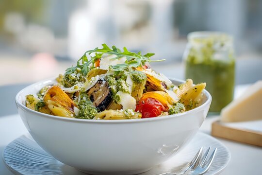 Fresh penne pasta salad with roasted vegetables, pesto sauce, and arugula garnish in white bowl, perfect for summer gatherings. - Powered by Adobe