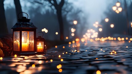 Glowing lantern on cobblestone path with bokeh lights in misty evening atmosphere, creating romantic ambiance for outdoor events.