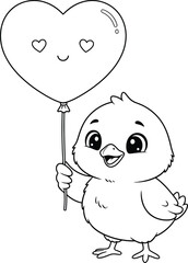 Cute baby chick holding heart balloon coloring page – adorable cartoon bird line art for Valentine’s Day and kids coloring books