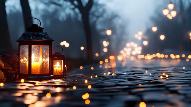 Glowing lantern on cobblestone path with bokeh lights in misty evening atmosphere, creating romantic ambiance for outdoor events.