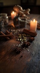 Obraz premium Aromatic spices and herbs with cinnamon sticks, star anise, and cardamom pods on rustic wooden table with glowing candles creating cozy atmosphere.