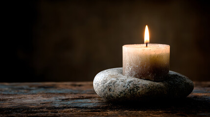 Burning candle resting on smooth stone over wooden tabletop
