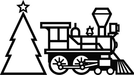 Festive Christmas tree with star and vintage holiday train illustration, winter celebration decoration, seasonal graphic design for holiday projects