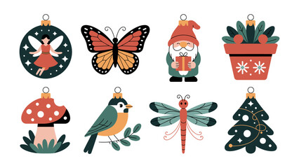 Whimsical Ornaments of Nature: A delightful collection of festive ornaments showcases a whimsical array of nature-inspired designs, including butterflies, fairies, mushrooms, and seasonal elements.