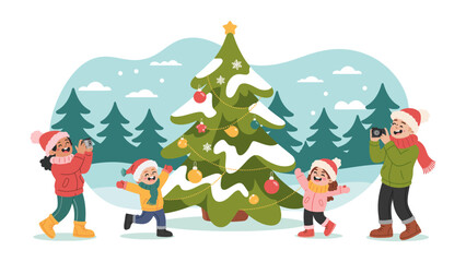 Joyful Winter Wonderland Gathering: Family's festive moment by the adorned Christmas tree amidst a snowy landscape. Evoking the spirit of Christmas, the warmth of family bonds, and the joy of winter.