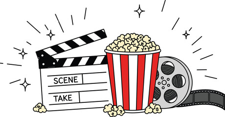 Colorful movie night illustration featuring popcorn bucket, film reel, clapperboard and sparkles, perfect for cinema, entertainment, media and digital design projects