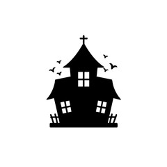 Old church silhouette, ancient chapel with crooked roof and bird flight creating a mysterious structure scene, ideal for poster design, article header, and digital illustration.