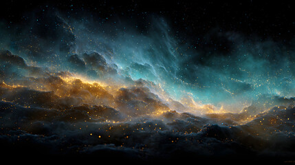 Celestial nebula glow with gold and sapphire dust scattered in deep space  
