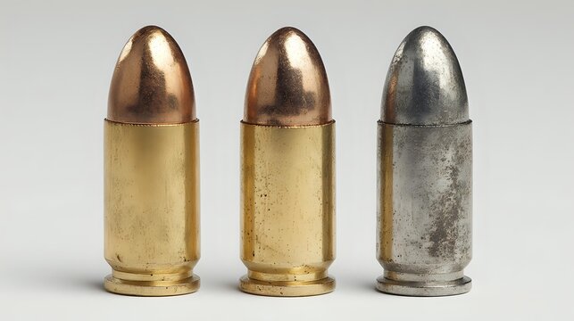 Three ammunition rounds in a row showing different metallic finishes - two with brass casings and copper bullets, one with silver casing and bullet. Useful for firearms education.