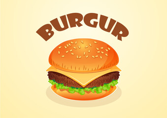 hamburger cheese burger with cheese, tomato, and lettuce on a sesame bun, isolated Vector illustration background.