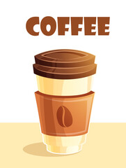 Coffee cup vector illustration of an isolated disposable paper with lid containing hot brown beverage.