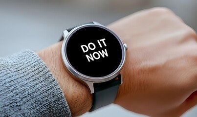 Motivational message "DO IT NOW" on smartwatch display worn by person in gray sweater, promoting productivity and time management.
