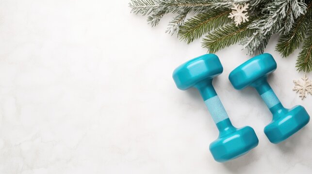 Light blue dumbbells rest on a white surface, adorned with a Santa hat. Surrounding them are snowflakes and Christmas tree branches, creating a festive atmosphere perfect for holiday workouts