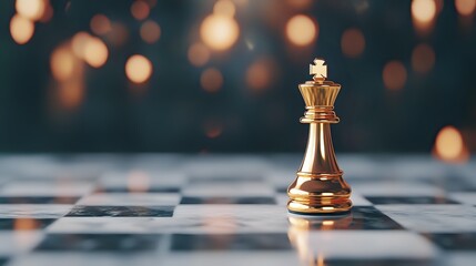 Golden chess king piece standing alone on chessboard with blurred bokeh lights in background creating atmospheric game setting.