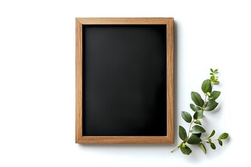 Empty wooden frame chalkboard with blank black surface and eucalyptus branch on white background, ready for custom text or menu design.