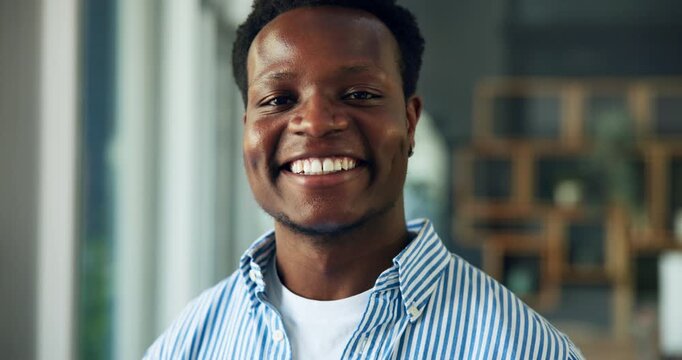 Happy, face and confidence with business black man in office for about us, pr agency and professional. Branding coordinator, pride and campaign director with portrait of person in media startup