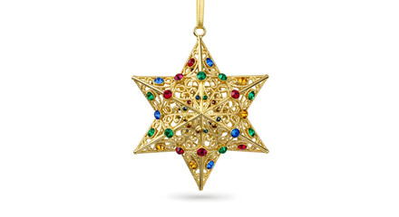 Elegant golden Star of David Christmas ornament intricate filigree design with colorful gems perfect for holiday decoration