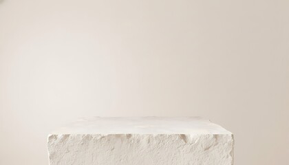 Minimalist beige pedestal with textured fabric draped over its edges in a clean studio setting