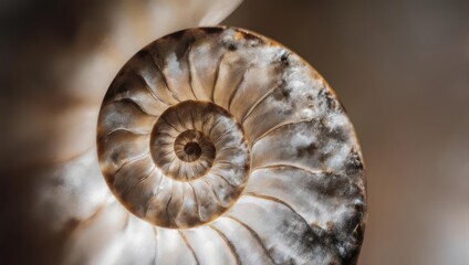 Close up of a fossilized ammonite shell showing its spiral pattern.