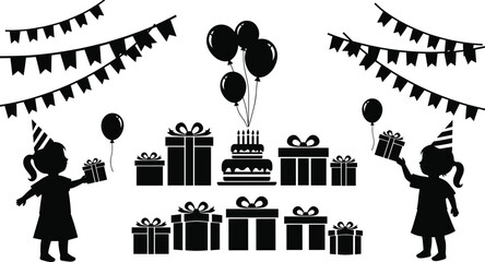 Silhouette children holding gifts with birthday cake balloons bunting and presents perfect for party decorations invitations celebration designs and festive event artwork