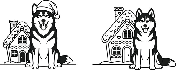 husky dog sitting in front of Christmas gingerbread house festive winter illustration perfect for holiday cards coloring pages decorations and seasonal artwork © Bappi Creatives