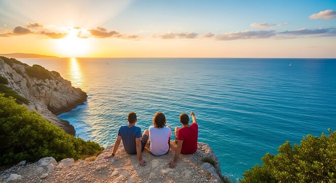 Three friends sitting on a cliff enjoying the beautiful ocean sunset view.