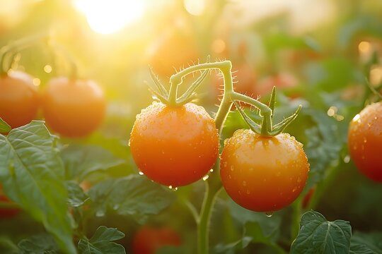 Fresh cherry tomatoes with water droplets on vine at sunrise, golden light creating natural bokeh effect in organic garden. - Powered by Adobe