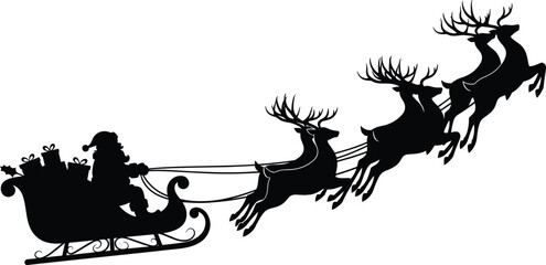 Silhouette Santa Claus flying in sleigh with reindeer carrying Christmas gifts perfect for holiday decorations festive designs winter artwork and celebration themes © Bappi Creatives