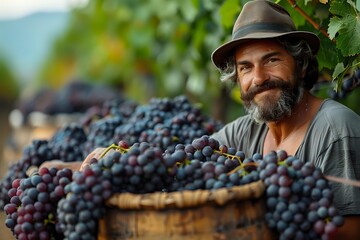 Bearded mature male farmer with hat smiling at grape harvest, standing among wicker baskets full of ripe purple grapes in vineyard during autumn season.