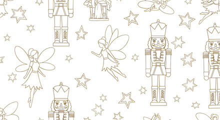 Seamless fairy and nutcracker pattern with outlined stars magical holiday background perfect for Christmas designs wrapping paper textiles and festive artwork