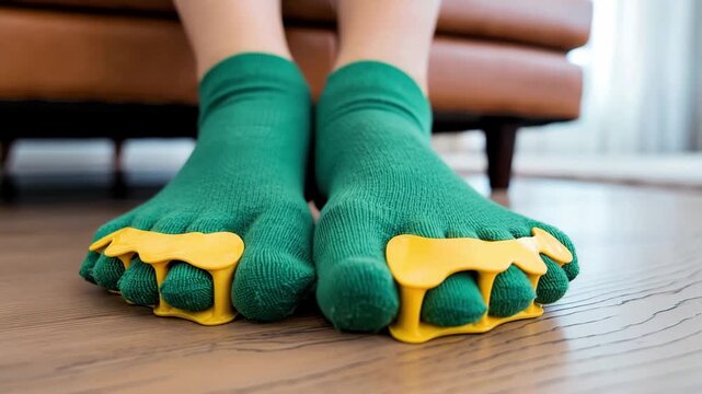 Feet with green socks using yellow toe separators, foot alignment, toe stretcher, home therapy, postural correction, foot care tool, relaxation technique, orthopedic accessory