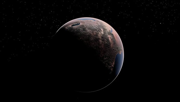 Partially illuminated planet with reddish-brown terrain and thin blue atmosphere against starry black space background, perfect for astronomy presentations.