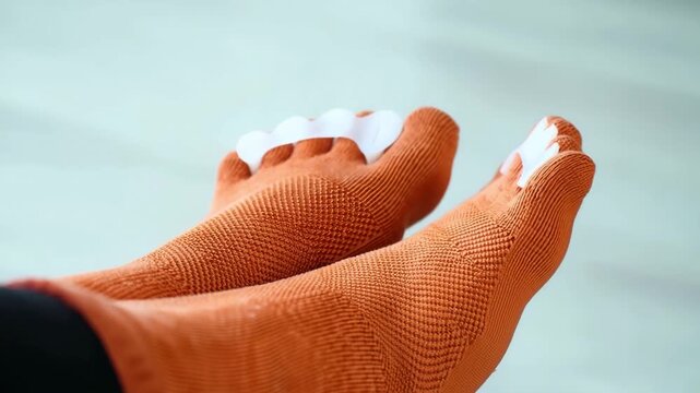 Toe separator spacers with orange knit socks on feet, foot alignment aid, bunion relief accessory, pedicure preparation, yoga recovery, orthopedic wellness tool, home self-care, gait comfort