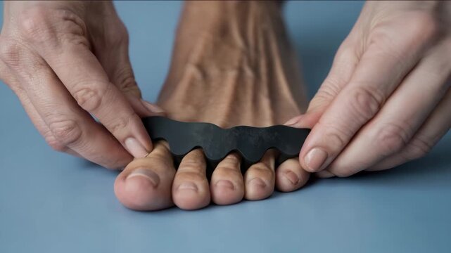 Toe separator on a person's foot, close-up of hands adjusting foot alignment tool, podiatry care, bunion prevention, comfortable toe positioning, physical therapy, health and wellness practice